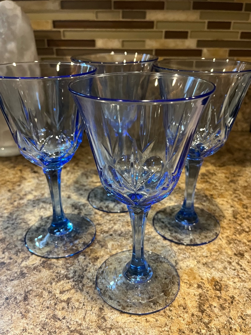 Vintage Avon Fostoria Classic American Blue Glass Water / Wine Glasses Set of 4